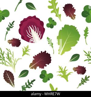 Mélange de feuilles de salade. Roquette, épinards, feuille de laitue, le cresson et le radicchio. Modèle sans couture. Vector illustration. Illustration de Vecteur