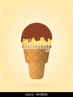 La crème glacée jaune avec garniture au chocolat gaufre en tasse, produit laitier. Image cuillère à crème glacée de télévision dans le style. Vector illustration. Illustration de Vecteur