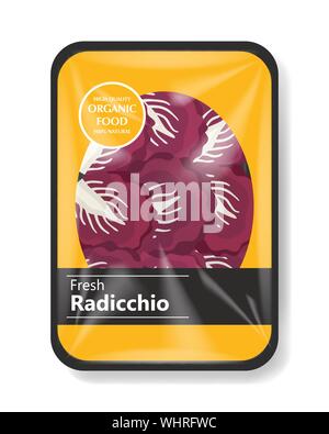 Feuilles de salade de radicchio avec plateau en plastique contenant avec couvercle de la cellophane. Maquette de modèle pour votre salade. Récipient alimentaire en plastique. Vector Illustration de Vecteur