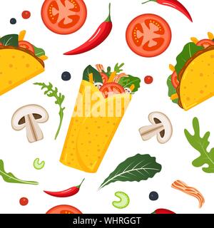 La nourriture mexicaine modèle homogène. Burrito, taco, piment vert et la laitue. Arrière-plan coloré, joli style. Vector illustration. Illustration de Vecteur