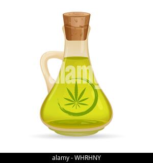 Carafe avec l'huile de chanvre, isolé sur fond blanc. Verseuse en verre avec de l'huile. Des extraits d'huile de cannabis dans des bocaux. La marijuana médicale logo sur l'étiquette. Vector Illustration de Vecteur