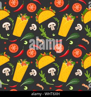 La nourriture mexicaine modèle homogène. Burrito, taco, piment vert et la laitue. Arrière-plan coloré, joli style. Vector illustration. Illustration de Vecteur