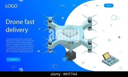 Drone isométrique d'une livraison rapide. Structure de quadcopter. Concept de l'innovation technologique l'expédition. Dron le vol avec la caméra vidéo d'action et à distance. Te Illustration de Vecteur