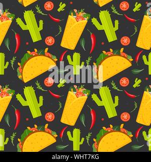 La nourriture mexicaine modèle homogène. Burrito, taco, piment vert et la laitue. Arrière-plan coloré, joli style. Vector illustration. Illustration de Vecteur