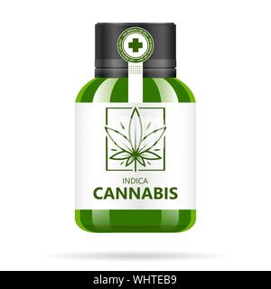 Flacon en verre vert réaliste avec le cannabis. Maquette de l'huile de chanvre extraits, comprimés ou gélules en pots. La marijuana médicale logo sur l'étiquette. Vector Illustration de Vecteur