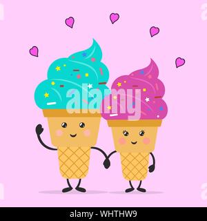 La crème glacée dans l'amour. Le temps de la crème glacée. La crème glacée de personnages de dessins animés. Style plat. Vector illustration. Illustration de Vecteur