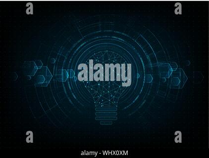 Technologie concept. Ampoule Lumière forme polygonale d'une intelligence artificielle avec des lignes et des points lumineux et l'ombre sur le fond bleu foncé. Illustration de Vecteur