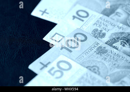 Plusieurs billets du zloty polonais aux tons de couleur bleue close up Banque D'Images