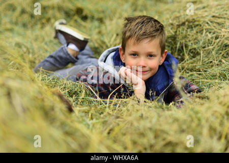 Petit rêveur. Petit garçon se détendre dans haystack. Petit garçon rêvasser dans haystack hill. Chercher une aiguille dans une botte de foin. Banque D'Images