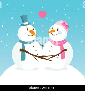 Illustration d'un mignon petit homme et une femme en amour hugging snowman dans un beau paysage de neige. Banque D'Images