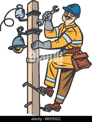 Électricien sur la colonne d'alimentation. Retro pop art dessin illustration vectorielle Illustration de Vecteur