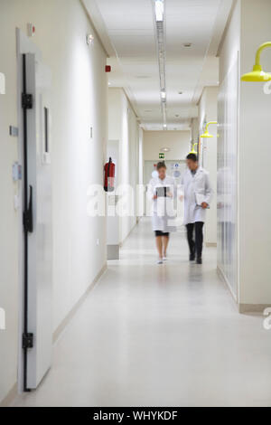 La longueur totale de l'homme et de la femme marchant dans le couloir des scientifiques Banque D'Images