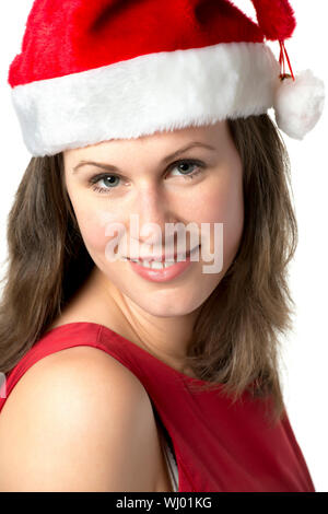 Portrait of a smiling woman wearing santa claus costume, isolé sur fond blanc Banque D'Images