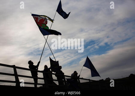 Carmarthen, pays de Galles, Royaume-Uni. 3 septembre 2019. Les partisans du Carmarthenshire4Europe organiser une manifestation contre la Grande-Bretagne de quitter l'Union européenne. Sur une journée cruciale dans la politique britannique, avec les partis de l'opposition de tenter d'adopter une loi de Westminster qui bloquerait un no deal Brexit, les militants à Carmarthen protester contre la sortie de l'UE et la prorogation du Parlement. Credit : Gruffydd Ll. Thomas/Alamy Live News Banque D'Images