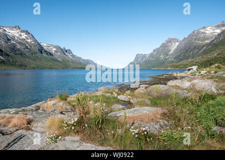 Belle journée dans un paysage extraordinaire avec mounatins et mer à Ersfjord, Tromsö, Norvège Banque D'Images