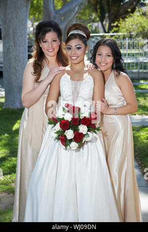 Portrait de mariée avec demoiselles en jardin Banque D'Images