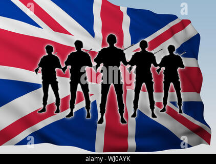 Groupe silhouette soldats contre un drapeau de la Grande-Bretagne. Le rendu 3D Banque D'Images