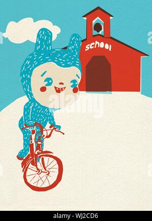 Costume enfant en équilibre sur l'extérieur de l'école de vélo Banque D'Images