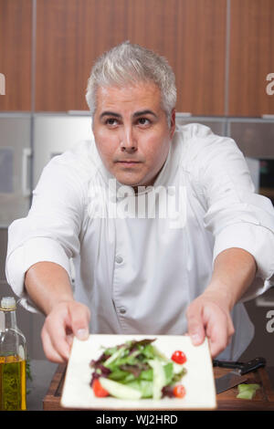 Male chef Présentation de salade fraîchement préparés dans une cuisine commerciale Banque D'Images