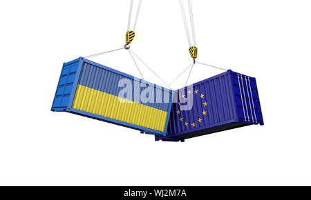 L'Ukraine et l'Europe guerre commerciale concept. Des conteneurs de fret. 3D Render Banque D'Images