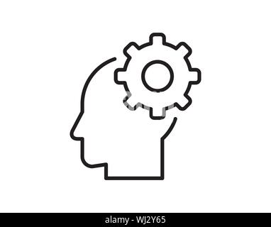 Tête humaine à l'intérieur de l'icône d'engrenage linéaire. L'intelligence artificielle. Fine ligne illustration. Robot. Symbole de contour. Vector isolated silhouette . Illustration de Vecteur