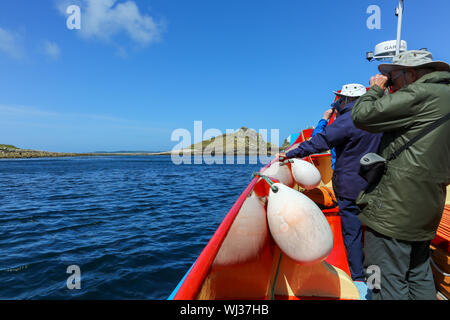 Les ornithologues amateurs et les observateurs de la faune sur une excursion en bateau autour des îles de l'Est près de St Martins sur les îles Scilly, Cornwall, England, UK Banque D'Images