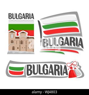 Logo Vector pour la Bulgarie, 3 illustrations : forteresse Asenova isolé sur fond de drapeau national, symbole de la Bulgarie et de l'architecture de Bulgari Illustration de Vecteur