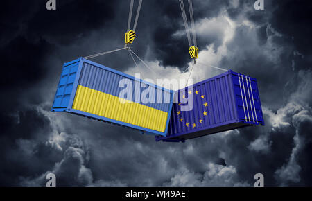L'Ukraine et l'Europe guerre commerciale concept. Des conteneurs de fret. 3D Render Banque D'Images