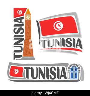 Logo Vector pour la Tunisie, 3 illustrations isolées : bannière verticale avec tour de l'horloge sur fond de drapeau national et traditionnelles portes bleues. Illustration de Vecteur