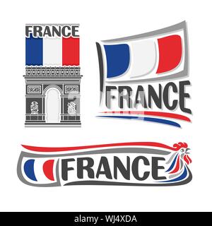 Vector illustration du logo pour la France, 3 illustrations isolées : drapeau de l'état national sur l'Arc de Triomphe, symbole de la France architecte horizontale Illustration de Vecteur