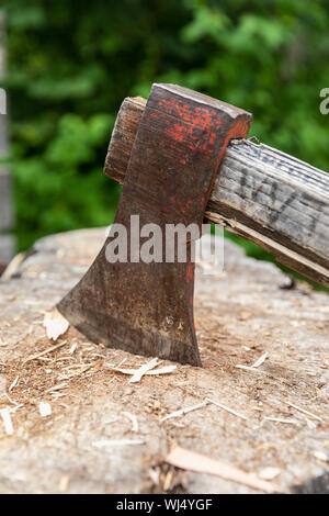 Close up wood chopping ax en souche d'arbre Banque D'Images