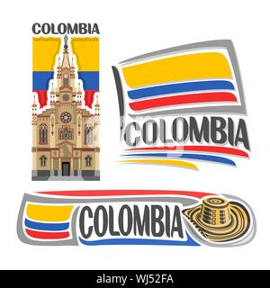 Logo Vector pour la Colombie, 3 images isolées : Jésus Nazareno church à Medellin sur fond de drapeau national colombien et sombrero chapeau vueltia Illustration de Vecteur