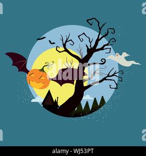 Battant, citrouille Jack-o-lanterne avec ailes de chauve-souris de rire et de voler au-dessus de ciel nocturne sur fond bleu foncé. Silhouette d'arbres et ghost volant dans le Illustration de Vecteur