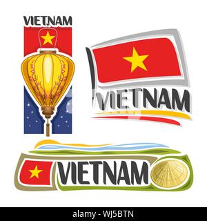 Logo vector pour le Vietnam, 3 images isolées : bannière verticale avec lanterne de papier traditionnel avec de prunier sur fond de stat nationale vietnamienne Illustration de Vecteur