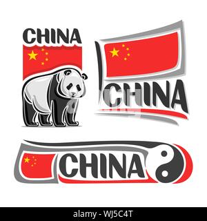 Logo Vector pour la Chine, 3 images isolées : bannière verticale avec giant panda sur fond de drapeau national d'État chinois et le symbole de l'antique chi Illustration de Vecteur