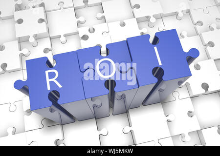 Retour sur investissement - puzzle 3D render avec illustration d'imprimerie sur pièces de puzzle bleu Banque D'Images