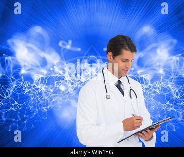 Image composite de smiling doctor holding pen et presse-papiers sur blue futuristic background Banque D'Images