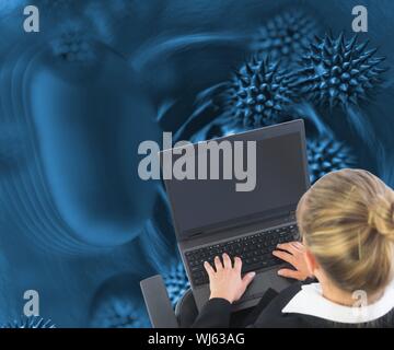 Image composite de blond businesswoman pointing sur fond en plastique bleu Banque D'Images