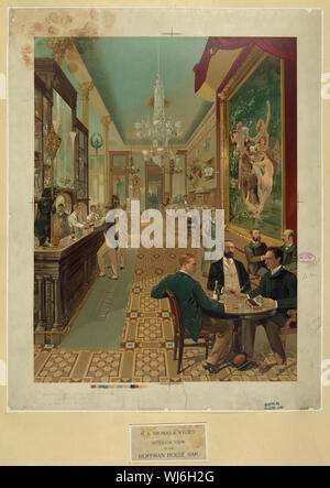 H.A. Thomas & Wylie's vue de l'intérieur du bar de Hoffman Résumé : Imprimer montrent une vue de l'intérieur de la barre à l'Hoffman House Hotel à New York City, avec des hommes assis à des tables à l'avant-plan, fumer des cigares et boire, aussi les hommes debout à la barre sur le côté gauche, un homme debout devant un grand tableau intitulé Nymphes et satyre par William-Adolphe Bouguereau, et dans l'arrière-plan, le bureau de tabac shop. Banque D'Images