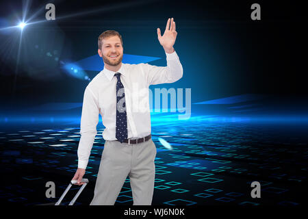 Image composite de handsome businessman with suitcase waving Banque D'Images
