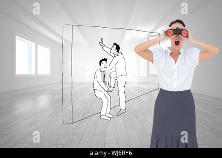 Composite image of businesswoman looking through binoculars tout en se posant Banque D'Images
