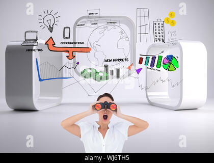 Composite image of businesswoman looking through binoculars tout en se posant Banque D'Images