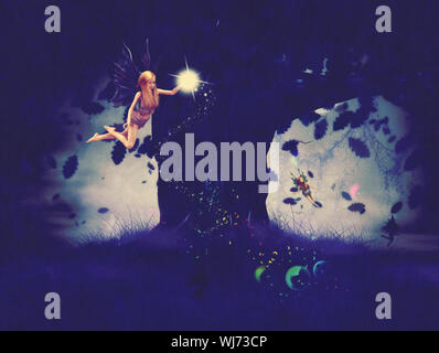 Cute fairy magic dust mousseux avec vol de nuit temps. Banque D'Images