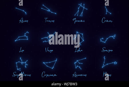 Tous les constellation du zodiaque signe avec des noms et des étoiles sur le fond - 3D Illustration Banque D'Images