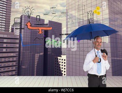 Composite image of businesswoman holding umbrella Banque D'Images