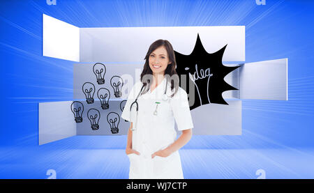 Image composite de confident female doctor standing en face de la fenêtre tout en souriant Banque D'Images