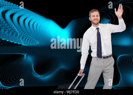 Image composite de handsome businessman with suitcase waving Banque D'Images