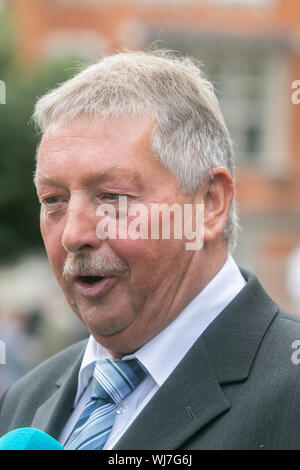 Westminster London,UK. 3 septembre 2019. Sammy Wilson (DUP) Parti unioniste démocratique membre du Parlement pour l'Antrim donne une entrevue à Westminster après les vacances d'été . Les députés conservateurs rebelles se préparent à rejoindre le projet de législation du travail à lemergency contre le gouvernement d'arrêter un No Deal Brexit Crédit : amer ghazzal/Alamy Live News Banque D'Images