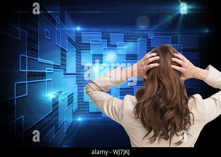 Composite image of Asian businessman with hands on head standing back to camera Banque D'Images