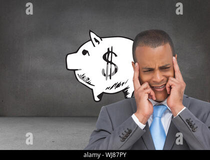 Composite image of businessman mettant ses doigts sur ses tempes Banque D'Images